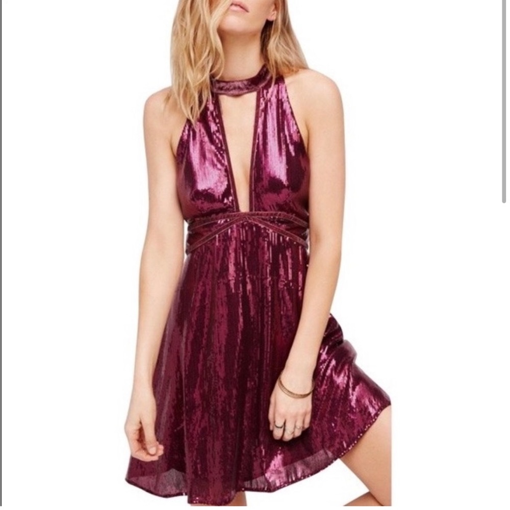 Free People Film Noir Sequined Mini Dress Cutout Velvet Purple Open Back 8